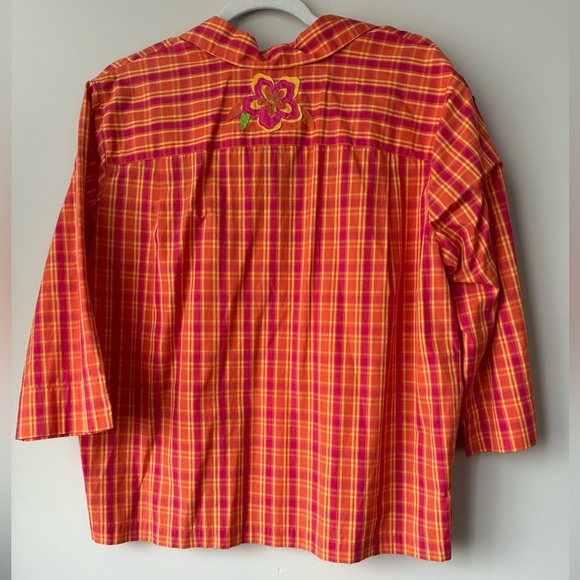 BECHAMEL Orange Plaid Flower Applique Shirt | Size M - Picture 2 of 4